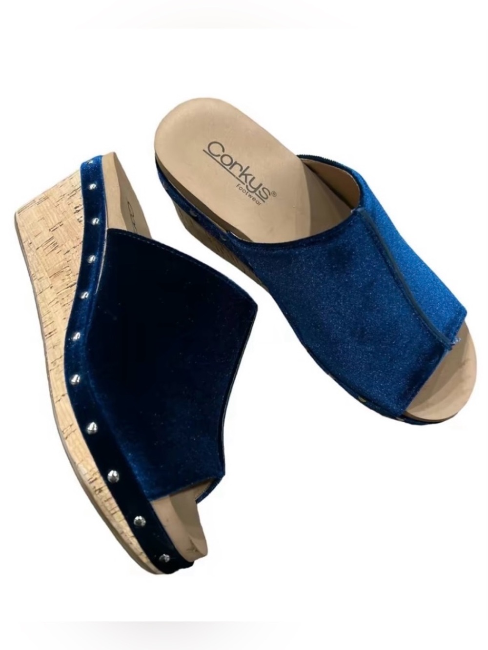 Velvet Teal Cork Wedge Slide - Velvet